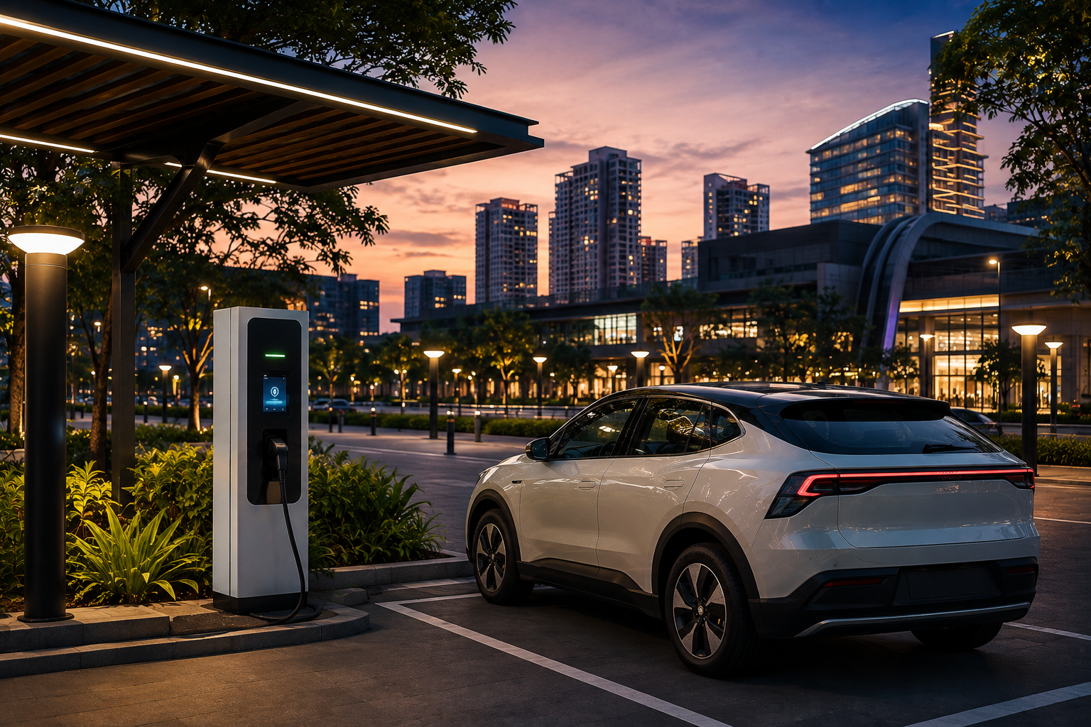 An EV charging station with car parked