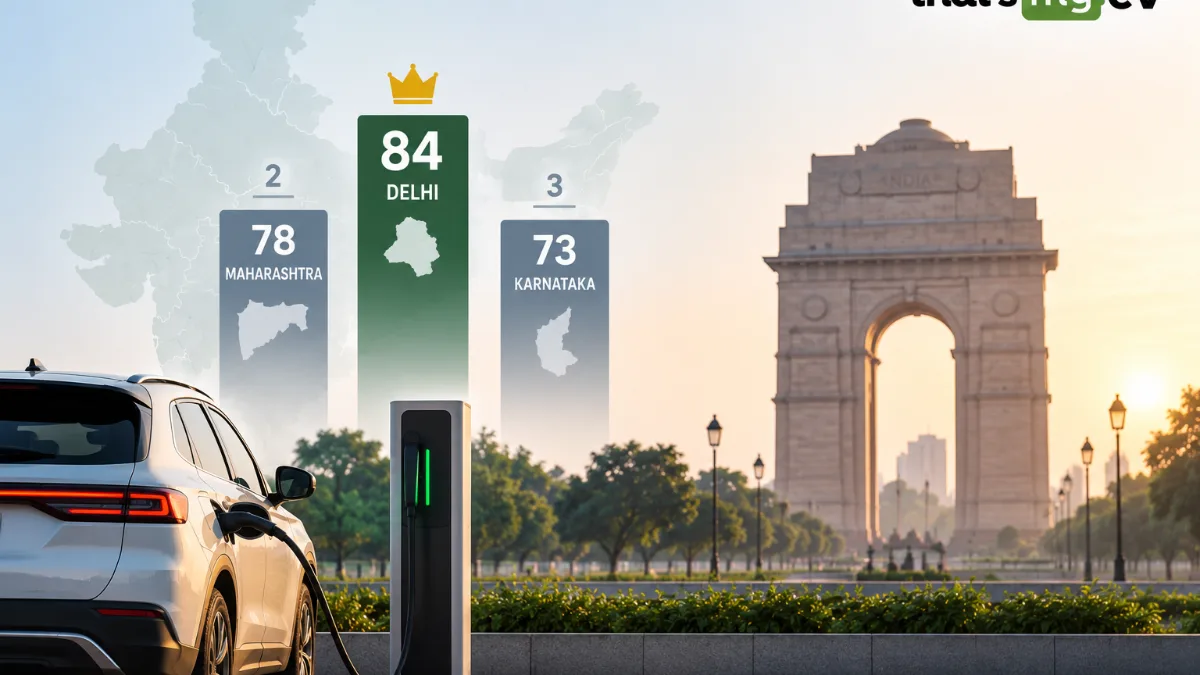 Electric car charging at a public fast charger in India with bar graph of state positions