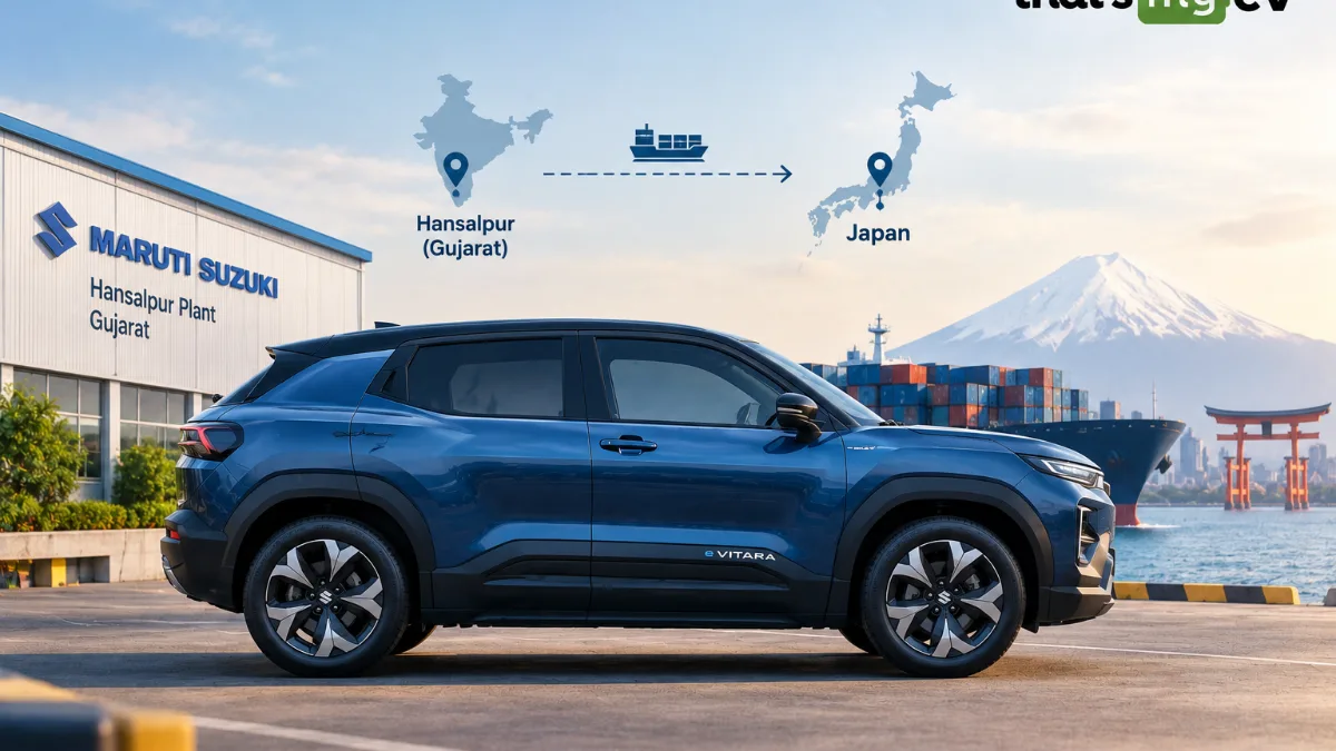 Maruti Suzuki e Vitara electric SUV in profile, the model exported to Japan from the Hansalpur plant in Gujarat