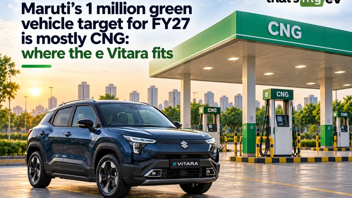 Maruti Suzuki e Vitara electric SUV parked beside a CNG fuel station forecourt