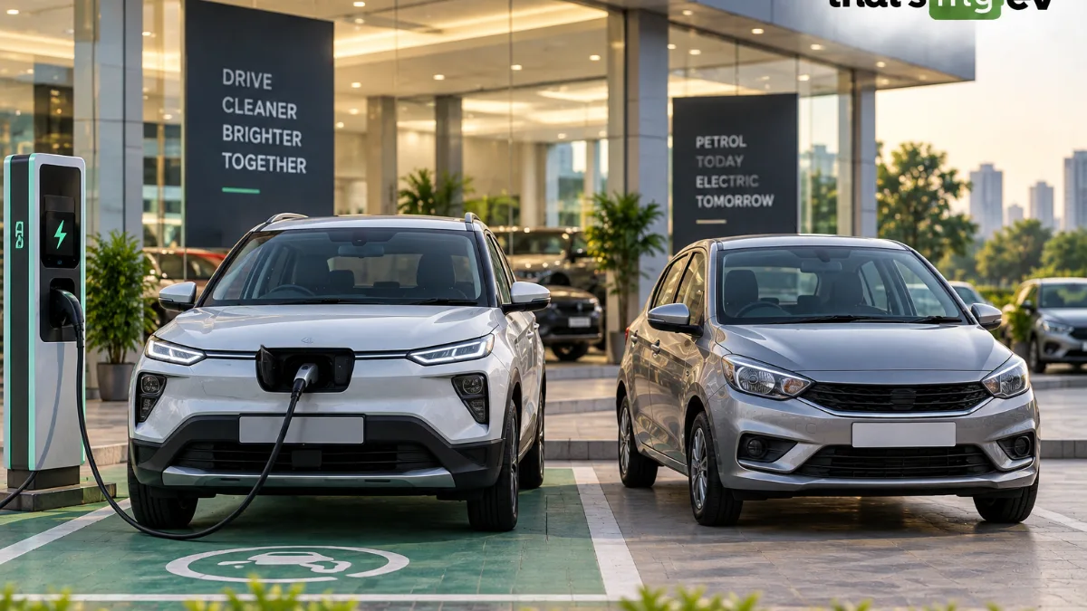 An electric car at a charging point parked beside a petrol hatchback in an Indian showroom forecourt