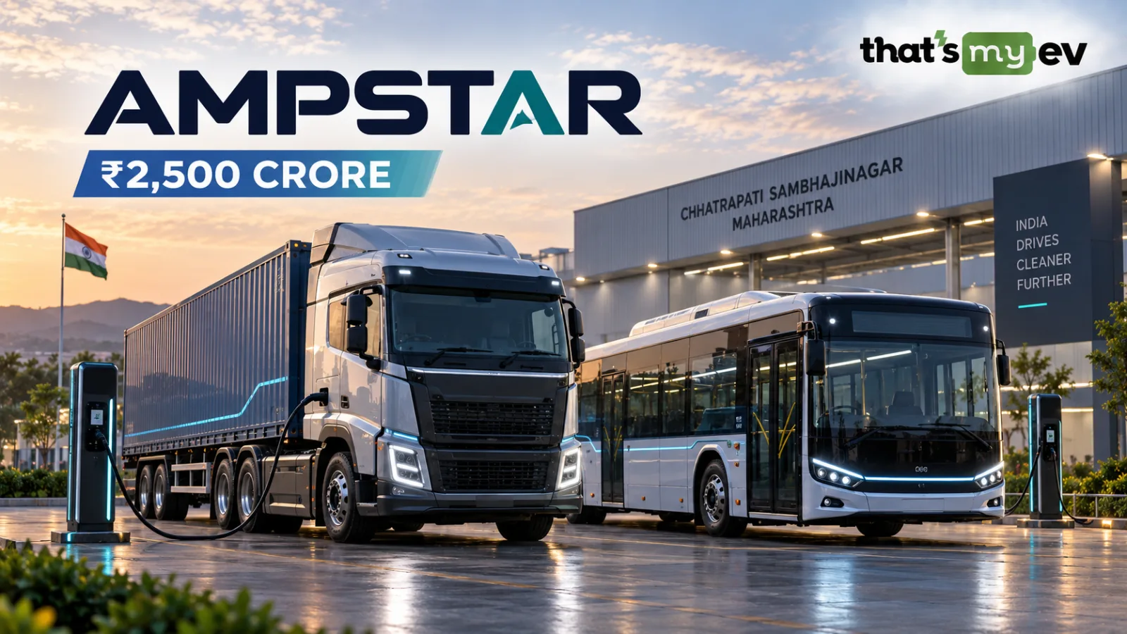 JSW Ampstar 55-tonne electric tractor-trailer and electric bus at the brand launch in Mumbai