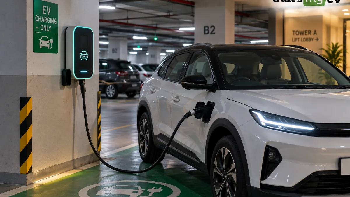 A wall-mounted AC EV charger beside a parked electric car in an apartment basement