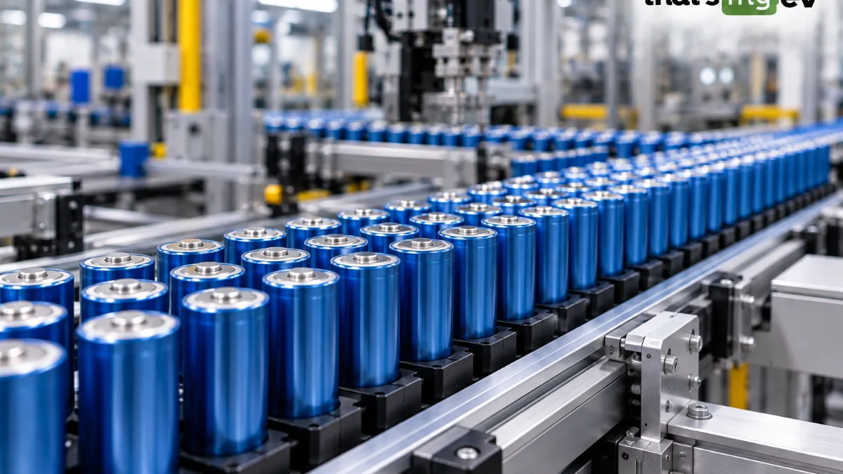Rows of cylindrical lithium-ion battery cells on a factory line
