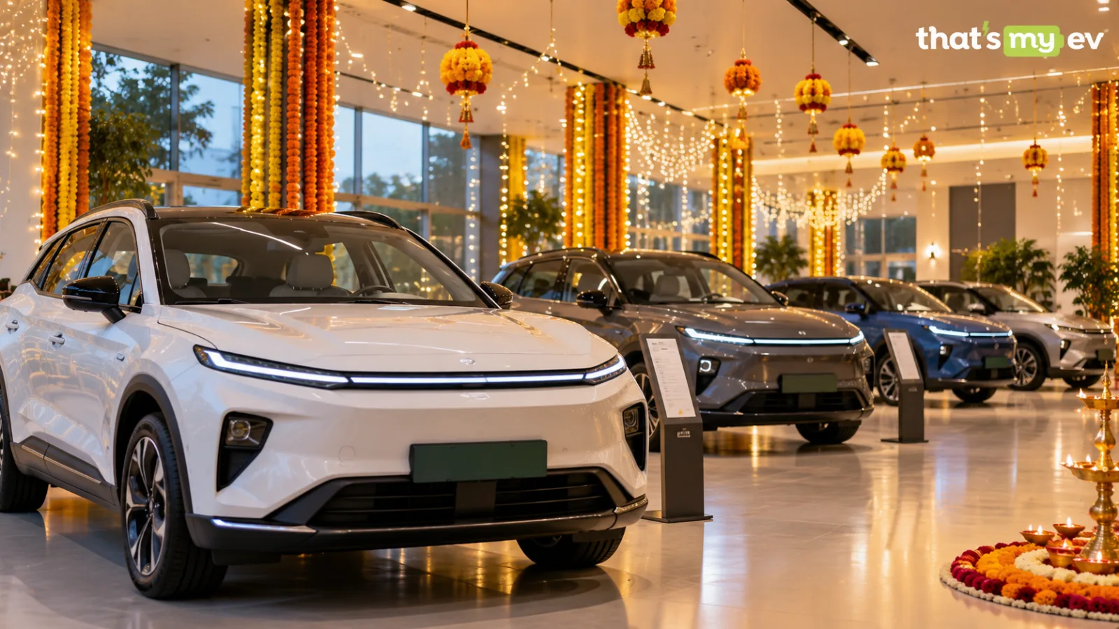 Car showroom with festive lights, representative image for EV launches before Diwali 2026